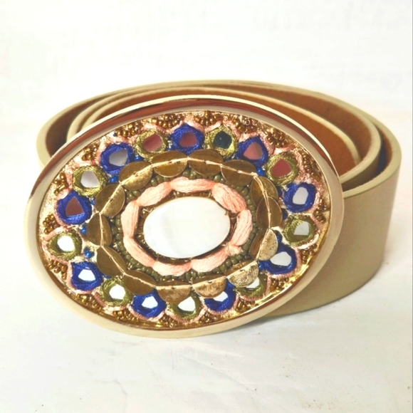 Chico's Leather Belt Bohemian Novelty Gold Tone Leather Embellished Brass Buckle - Picture 2 of 10